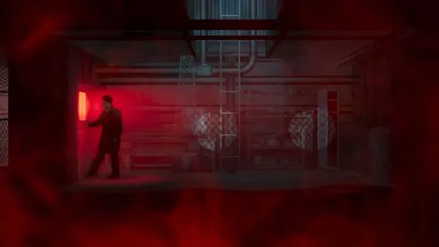 Red entering the glowing doorway inside the ship