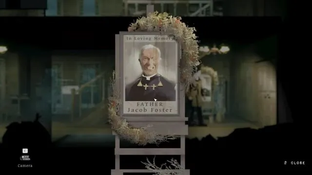 Father Jacob Foster's memorial portrait with symbols on his necklace inside the Funeral Home