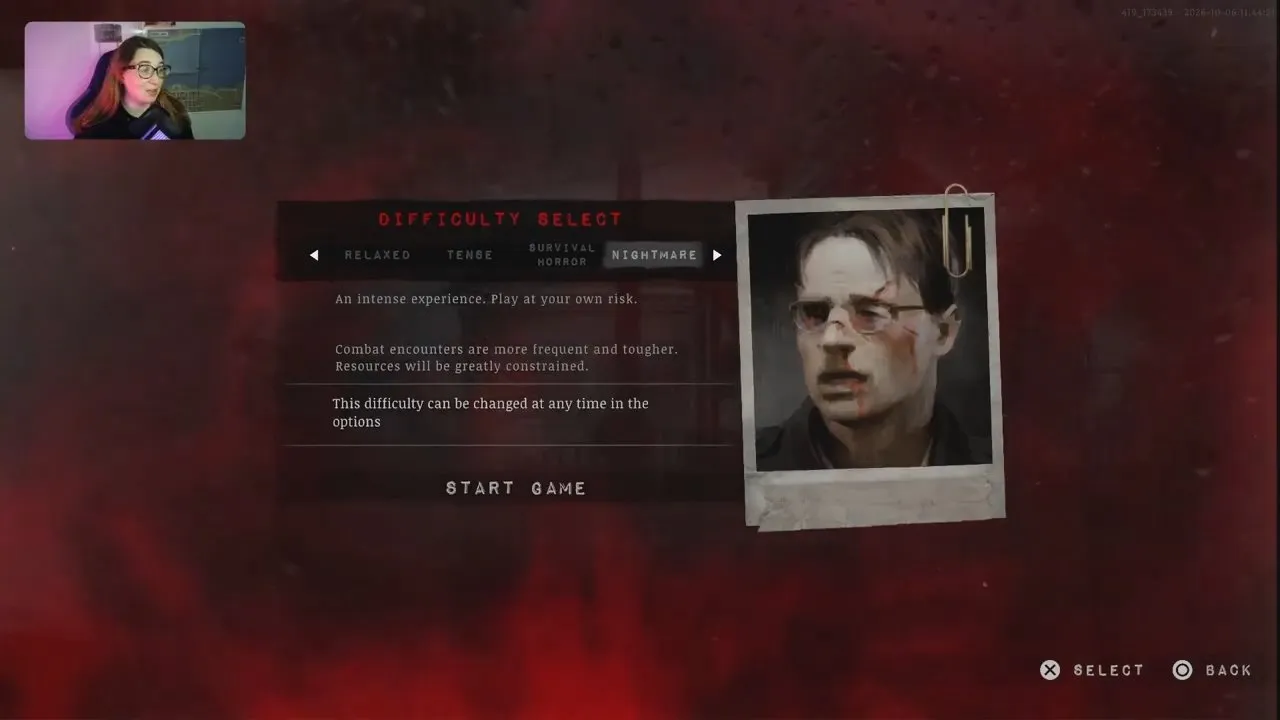 Nightmare highlighted on the Difficulty Select screen with tougher and more frequent combat and constrained resources