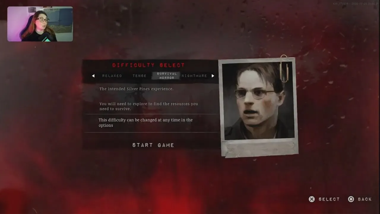 Survival Horror highlighted on the Difficulty Select screen with the intended experience description
