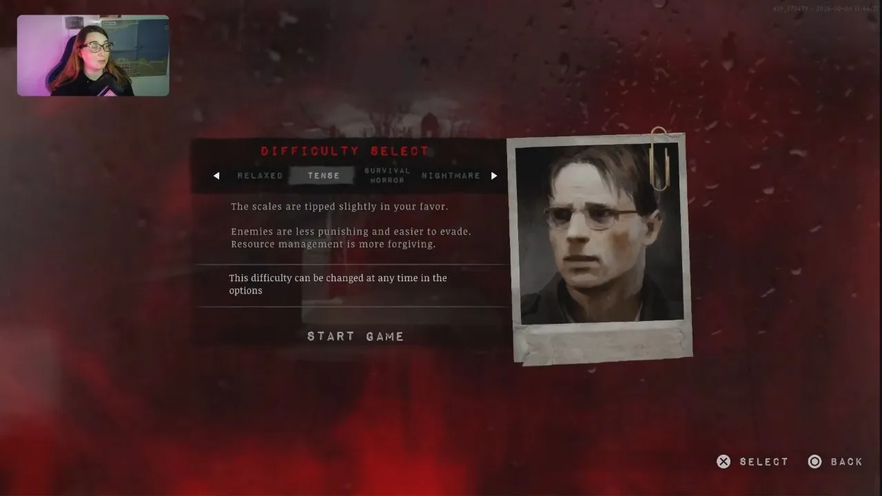 Tense highlighted on the Difficulty Select screen with less punishing enemies and more forgiving resource management