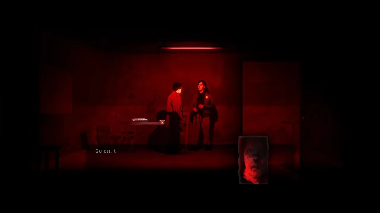 Deputy Roberts standing beside Walker and the tape table inside the interrogation room