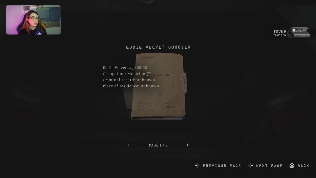 Eddie Velvet's dossier listing his age and occupation