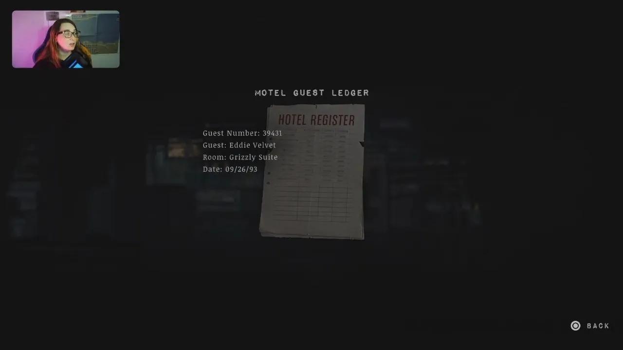 The Crimson Bear Motel guest ledger listing Eddie Velvet in the Grizzly Suite