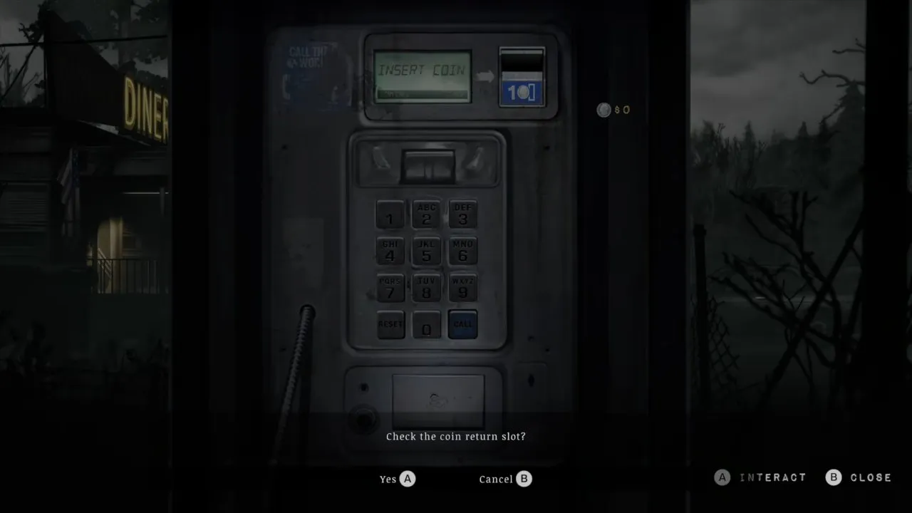 Payphone prompt asking whether to check the coin return slot