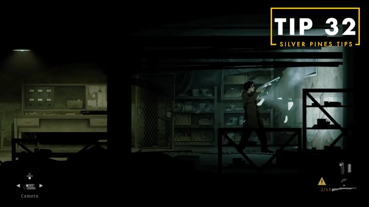 Character shooting a ventilation grate on the right side wall