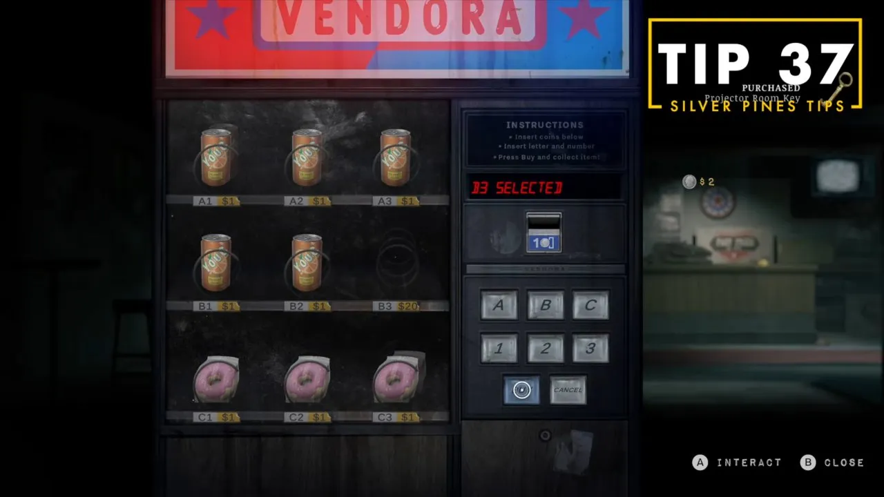 Movie theater vending machine with B3 selected at $20 and Projector Room Key purchase notification